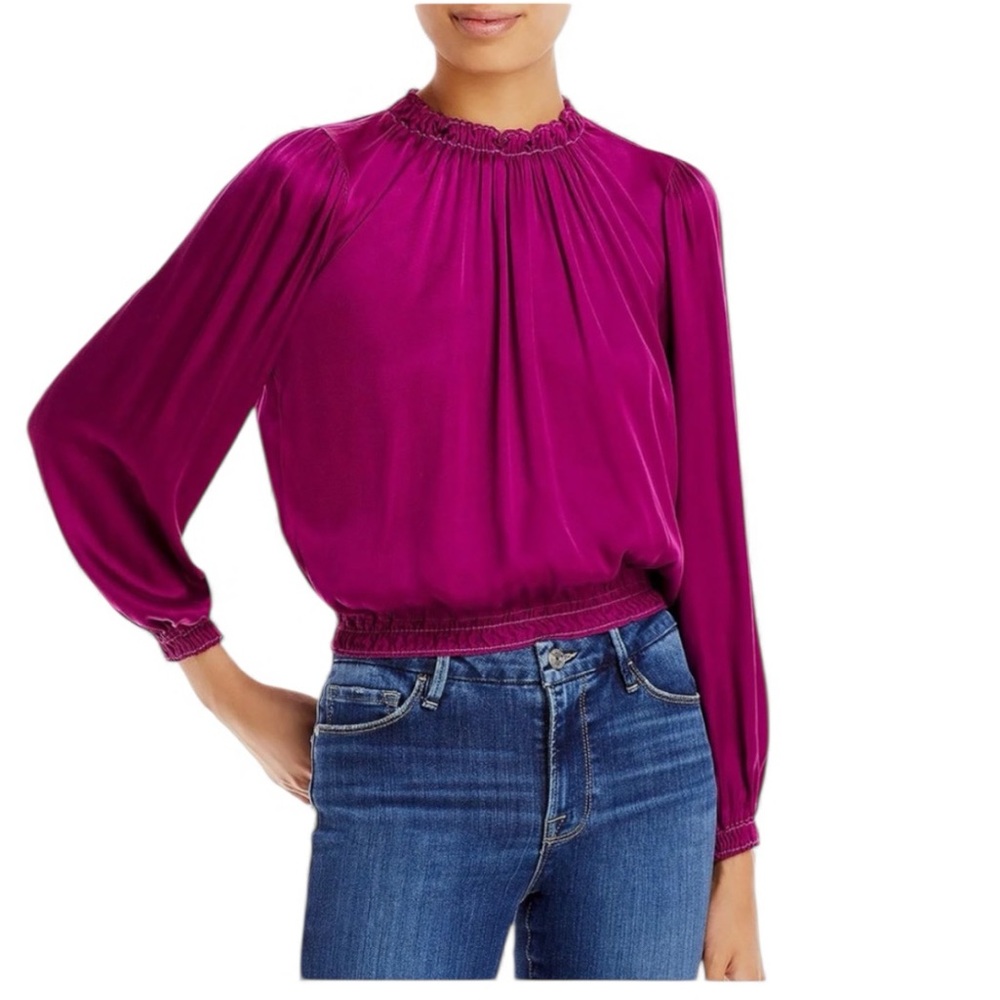Bella Dahl Magenta Purple Smocked Ruffle Neck Blouse Cupro Rayon Top XS
